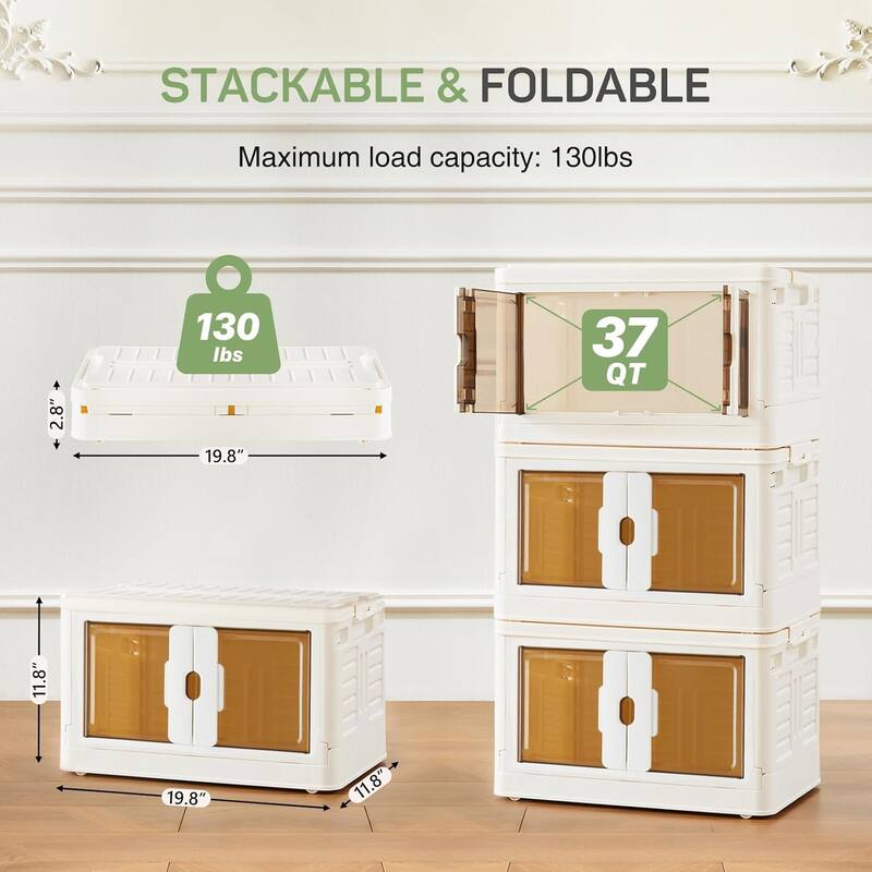 Stackable Plastic Storage Bins with Lids, Foldable with Doors and Wheels, Closet Organizer Boxes for Living Room, Bedroom
