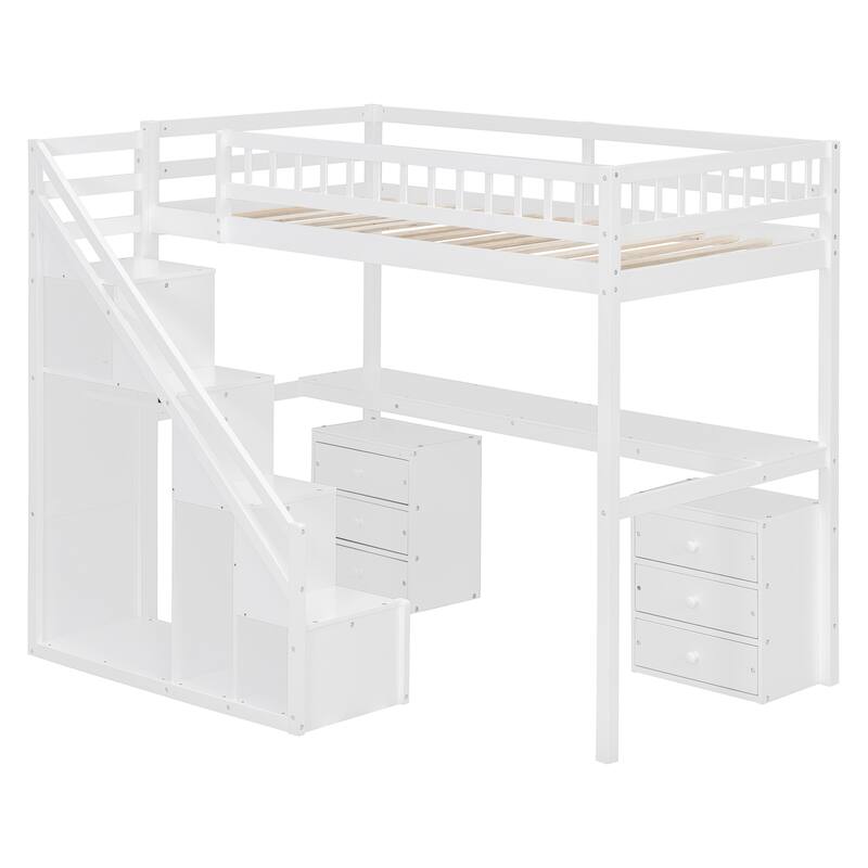Roomfitters Twin/Full Size Loft Bed with Desk, Two Chests of Storage Drawers and Lighting