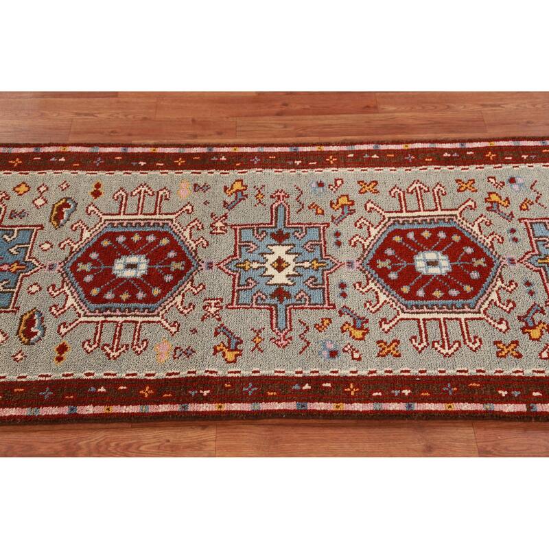 Hand Knotted Oriental 100% Wool Carpet Transitional Geometric Green Khotan Runner Rug - 9' 8'' X 2' 6''
