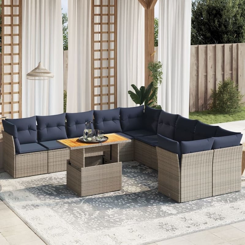 vidaXL 11 Piece Patio Sofa Set with Cushions Gray Poly Rattan - 24.4" x 24.4" x 27.2" - Gray and navy blue - form2