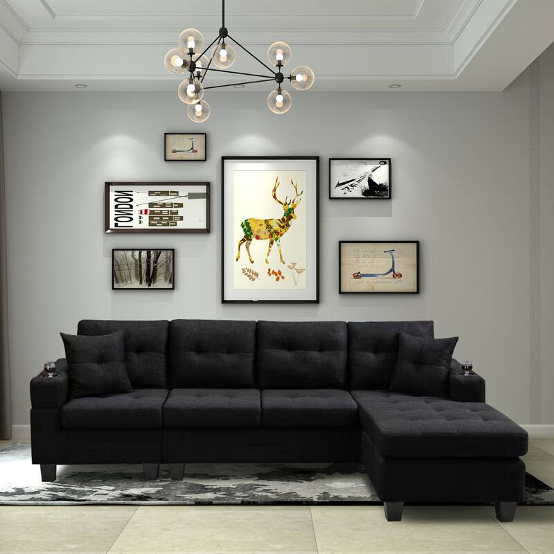 Black Linen Sofa Set Corner Couch Set with Cupholder and Throw Pillows