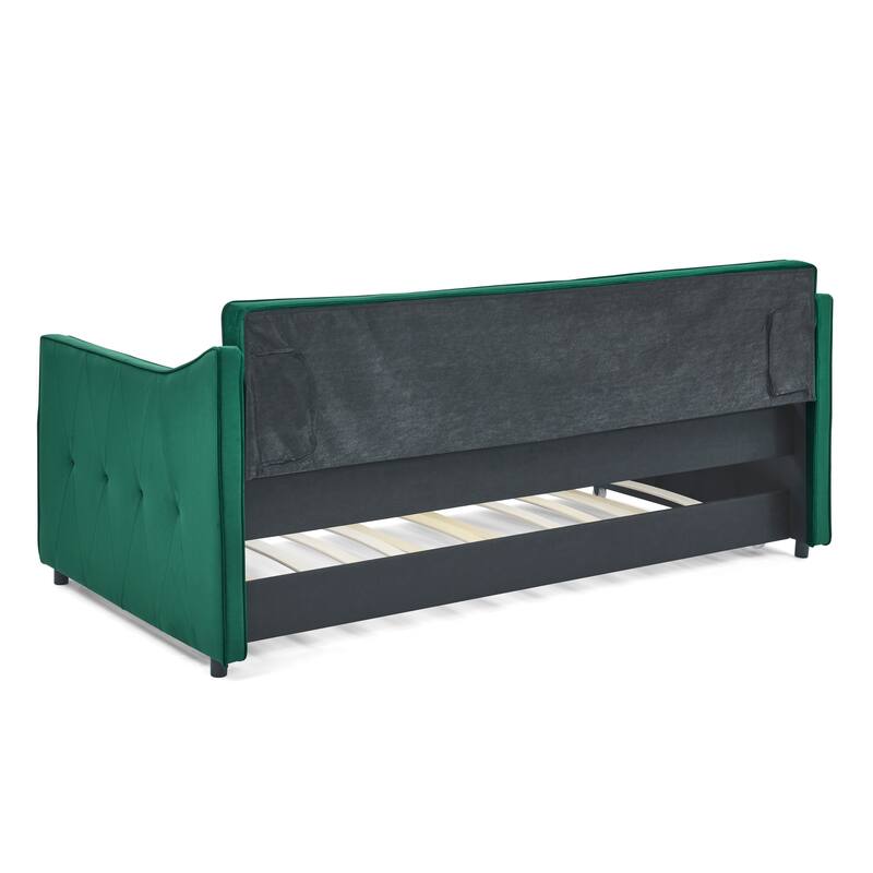 Twin Size Linen Upholstered Daybed Frame with Trundle & Tufted Backrest