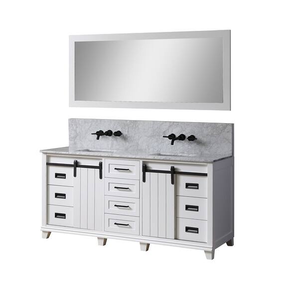 slide 2 of 2, Premium Chanceton 72 in. Vanity in White with White Carrara Marble Top with white basins and 1 Large Mirror