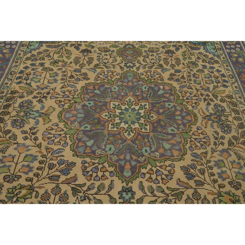 Hand Knotted Oriental 100% Wool Carpet Traditional Floral Peach Tabriz Area Rug - 9' 7'' X 6' 4''