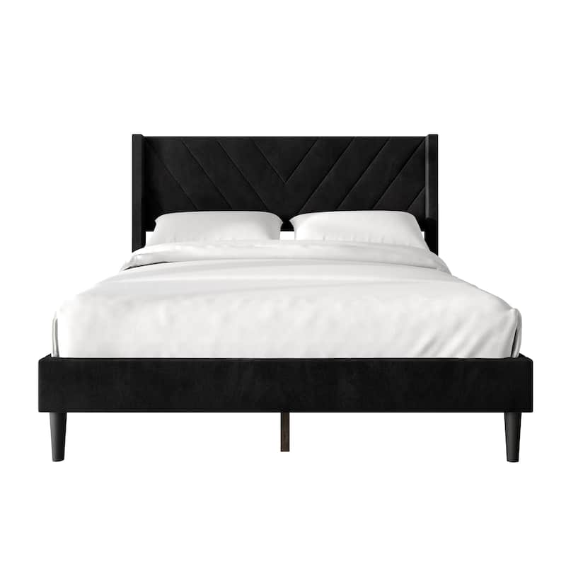 CraftPorch Sophisticated Wingback Upholstered Velvet Bed - Black - Queen