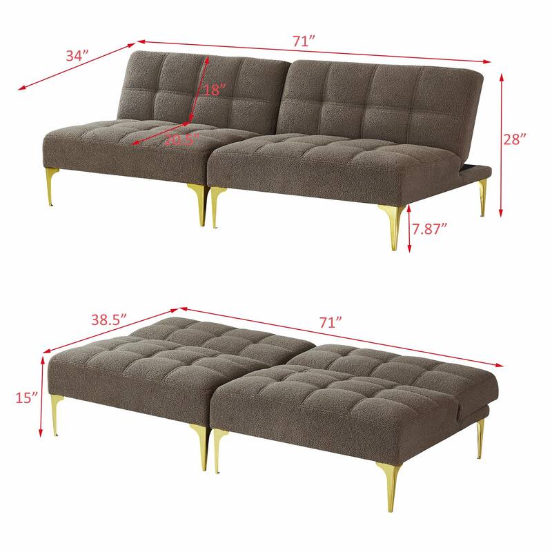 Convertible Sofa Bed Futon with Gold Metal Legs in Teddy Fabric