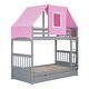 preview thumbnail 7 of 7, Gray+Pink Twin Over Twin Solid Pine Wood House-Shaped Bunk Bed with Tent, Drawers, Convertible to 2 Beds