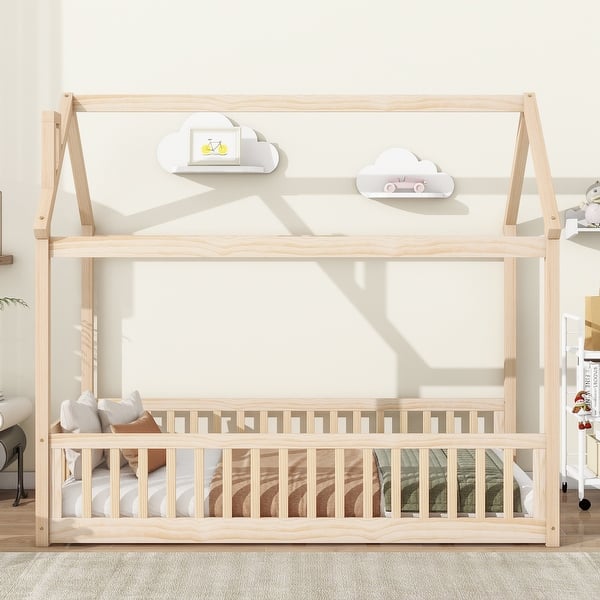 slide 2 of 27, Children Playhouse House Wood Twin Platform Bed with Roof Natural - Twin