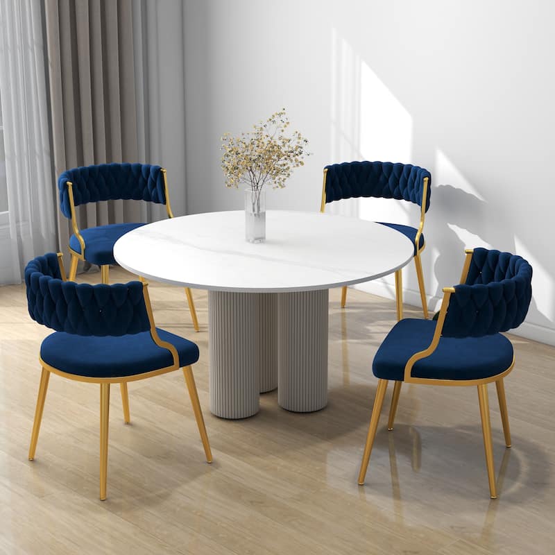 Set of 4 Velvet Dining Chair with Golden Metal Legs - Navy Blue
