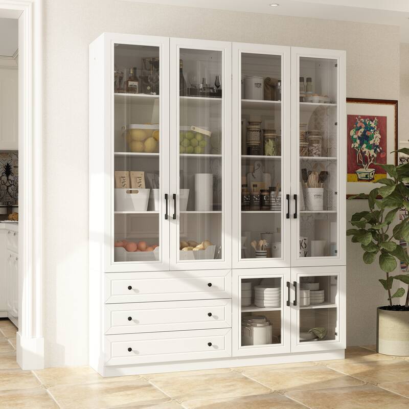 White Storage Solution with Ambient Light Features Pantry Bookshelves - 63"X78.7“