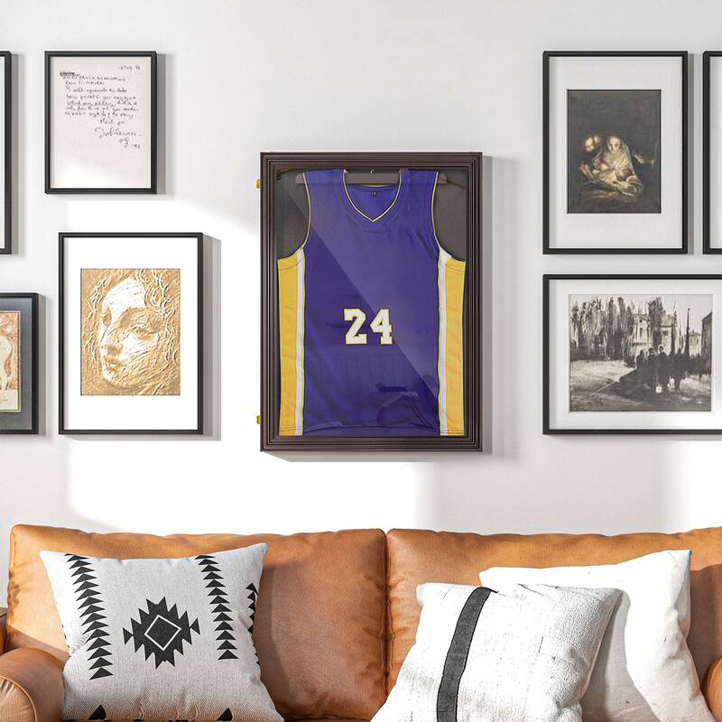 HOMCOM 24" x 32" Jersey Frame Display Case, UV-Resistant Jersey Shadow Box with 2 Keys, Hanger, Cherry Brown