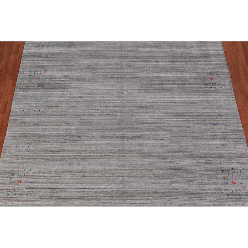 Hand Knotted Oriental 100% Wool Carpet Tribal Stripe Greys & Charcoal Gabbeh Area Rug - 12' 0'' X 9' 0''