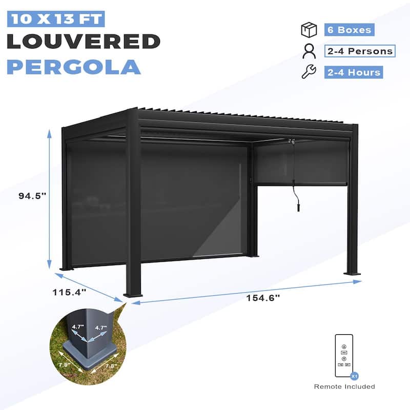 EROMMY Outdoor Louvered Pergola Gazebo with Adjustable Aluminum Rainproof Roof and Pull-Down Screen