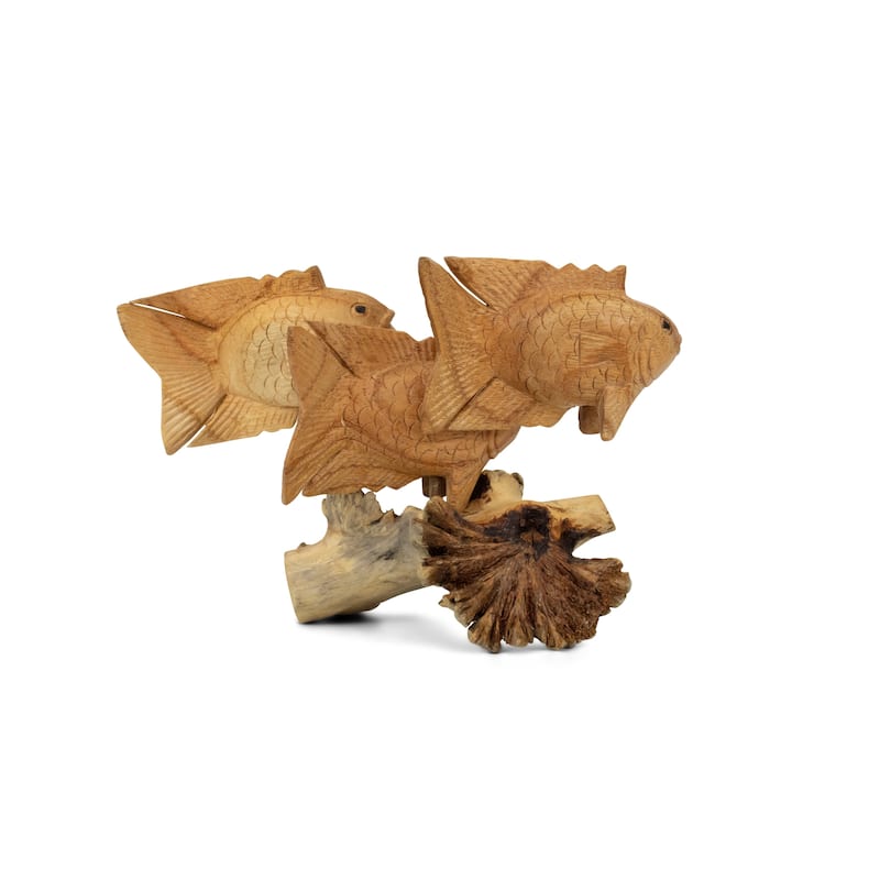 Wooden Hand Carved 3 Fish Swimming Statue Figurine Sculpture Art Home Decor Accent Handmade Gift Handcrafted Seaside Tropical