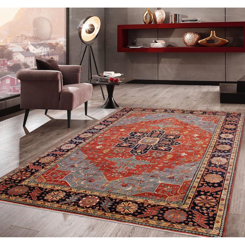 Pasargad Home Serapi Hand-Knotted Rust/Navy Wool Area Rug
