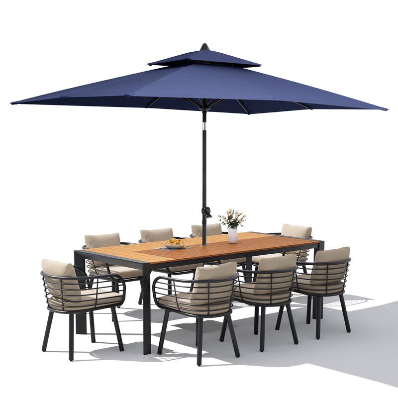 9/11-Piece Outdoor Patio Dining Set w/10 ft Umbrella and Base Aluminum Dining Table and Dining Chairs with Sunbrella Cushions