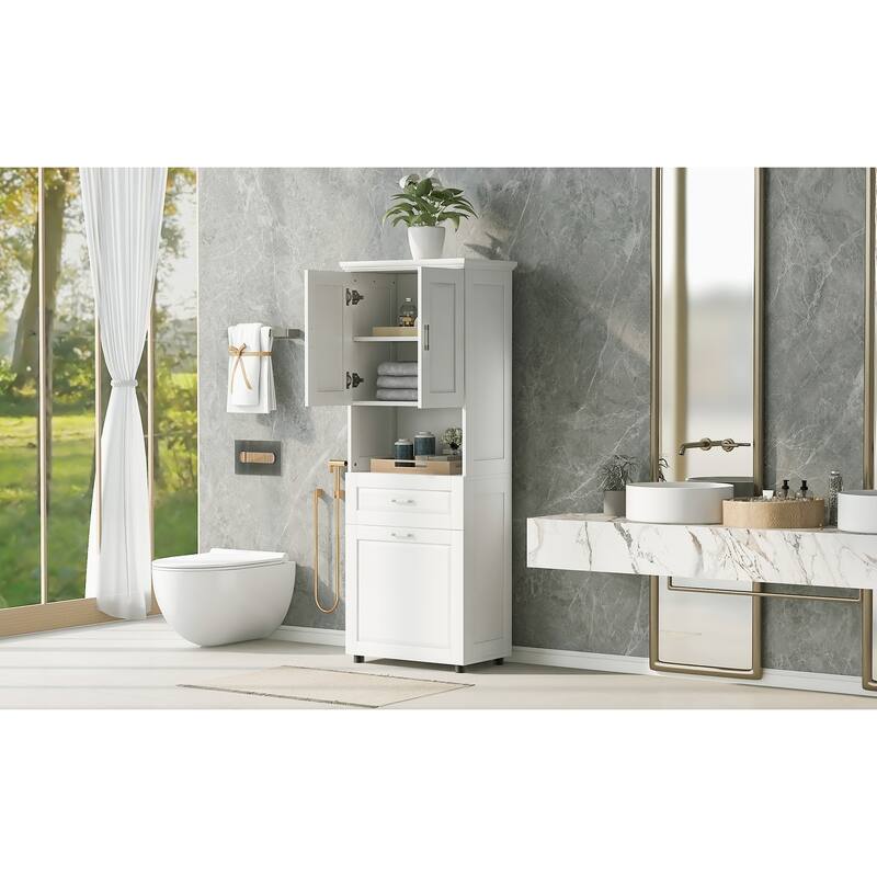 Tall Bathroom Linen Tower with Cabinet, Drawer and Hamper