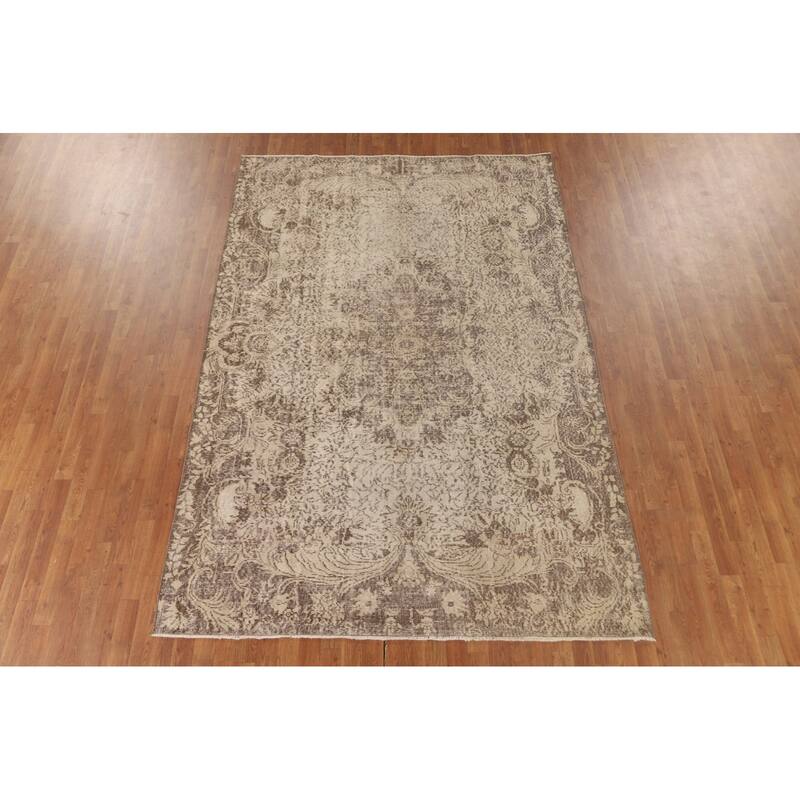 Distressed Anatolian Turkish Vintage Rug Handmade Beige Wool Carpet - 6'6" x 9'8"
