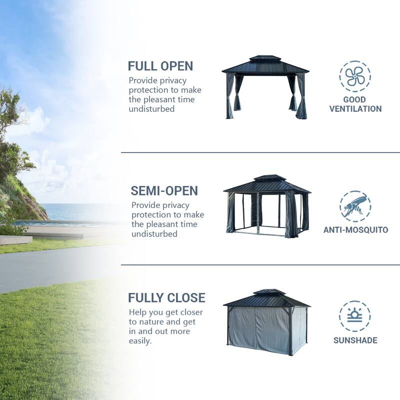 Outdoor Aluminum Frame Hard Top Gazebo with Galvanized Steel Double Roof, 10 X 12 Patio Metal Pavilion with Netting & Curtains