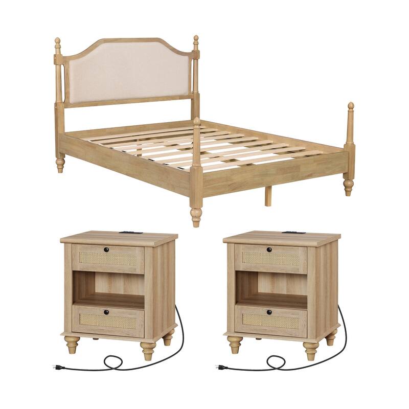 3 Piece Bedroom Set, Queen Size Bed Frame & Set of 2 Nightstands, Oak