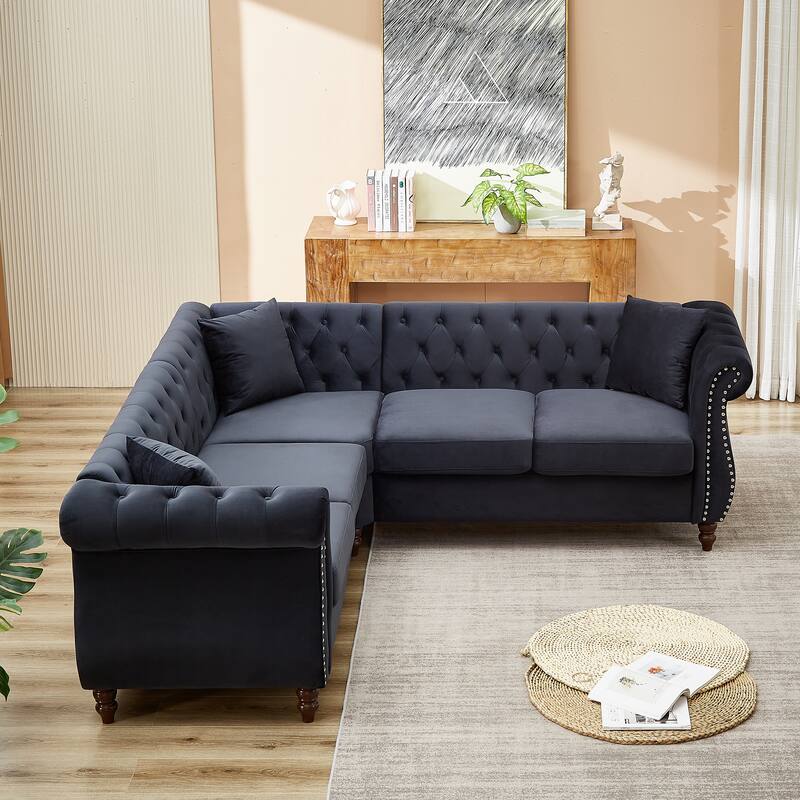 L-shape Corner Sectional Sofa with Button Tufted Back and 3 Pillows