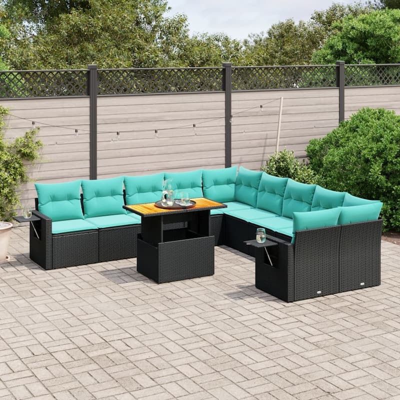 vidaXL Patio Sofa Set with Cushions Outdoor Furniture 11 Piece Poly Rattan - 24.4 x 24.4 x 27.2 - Black-2x corner+table+6x middle