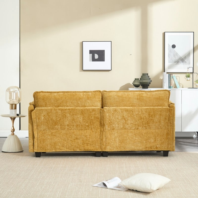 76.77" Chenille Upholstered Sofa with 2 Ottomans