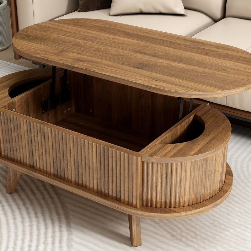 Fluted Lift Top Coffee Table with Hidden Compartment, Wooden Center Table, Modern Oval Lift Tabletop for Home Living Room