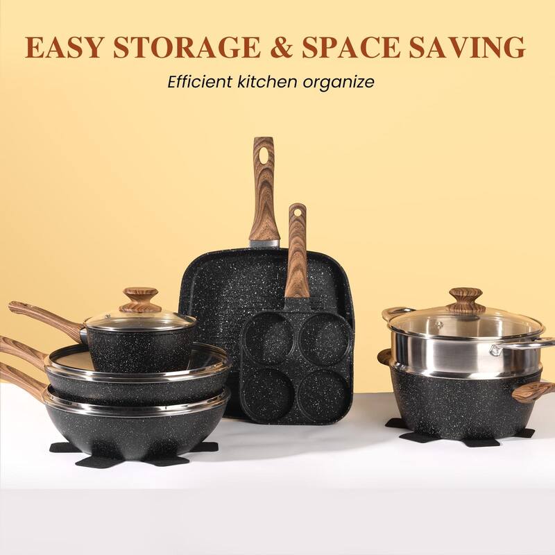 Rossetta 17-Piece Non-Stick Cooking Set with Stay-Cool Handle and Glass Lids, Easy to Clean - Black