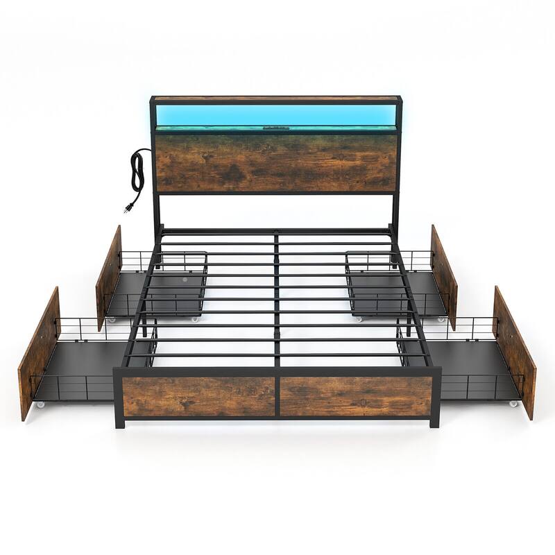 Gymax Full/Queen Industrial Platform Bed Frame with Storage Drawers & - Full
