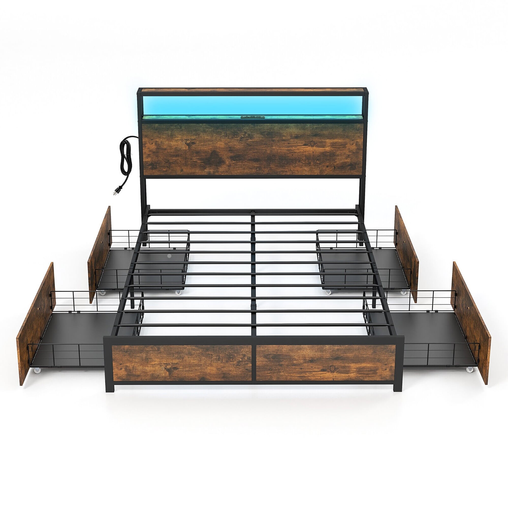 Gymax Full/Queen Industrial Platform Bed Frame with Storage Drawers &