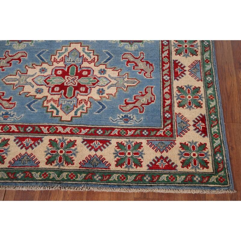 Blue Geometric Kazak Oriental Accent Rug Handmade Wool Carpet - 4'0" x 5'10"