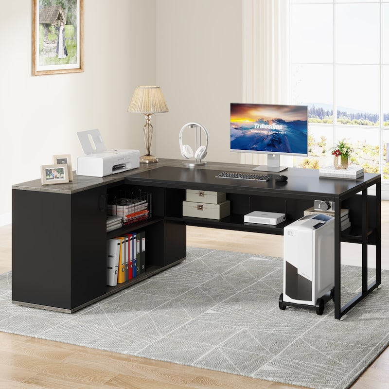 71 inch Executive Desk, L Shaped Desk with Cabinet and Shelves for Home Office