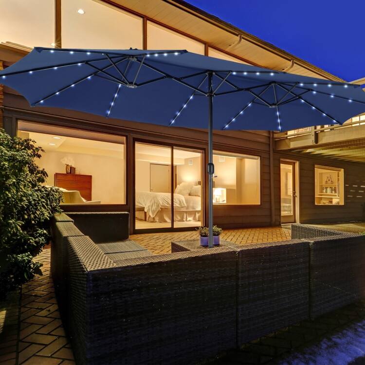 15FT Double Sided Patio Umbrella with LED Lights and Hand Crank Canopy