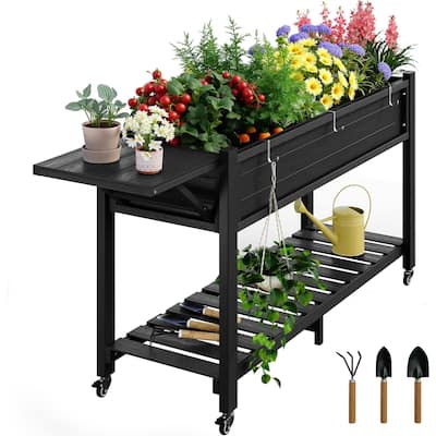 WINSOON Raised Garden Bed with Wheels and Folding Potting Bench Table