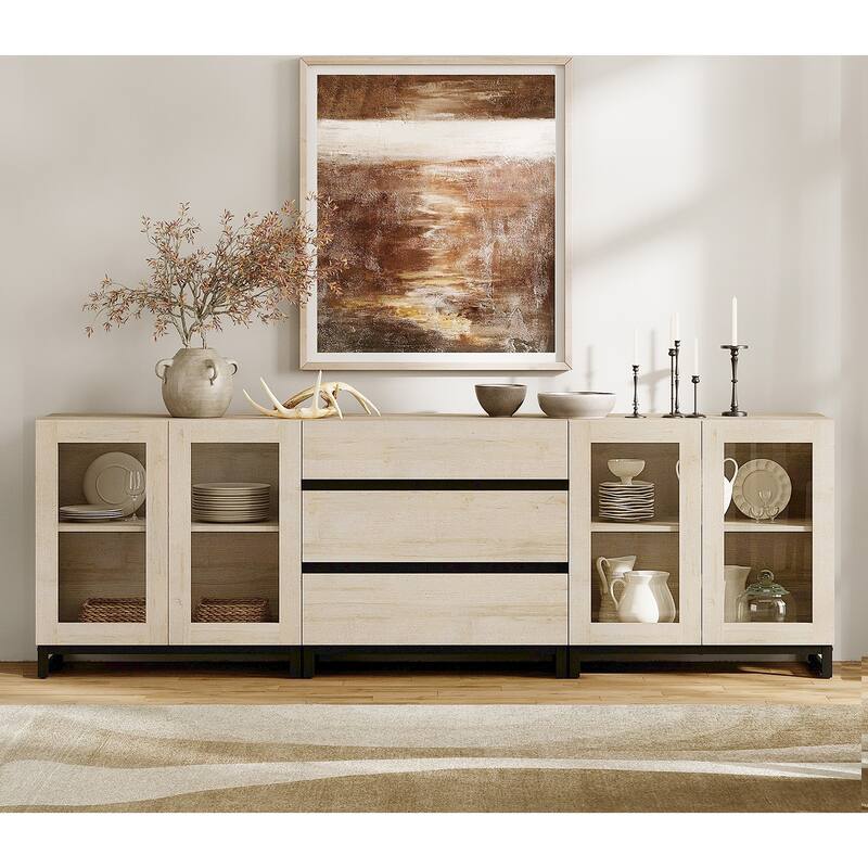 WAMPAT 3 in 1 Modern Sideboard with Glass Doors and 3 Drawers, Coffee Bar Cabinet for Kitchen