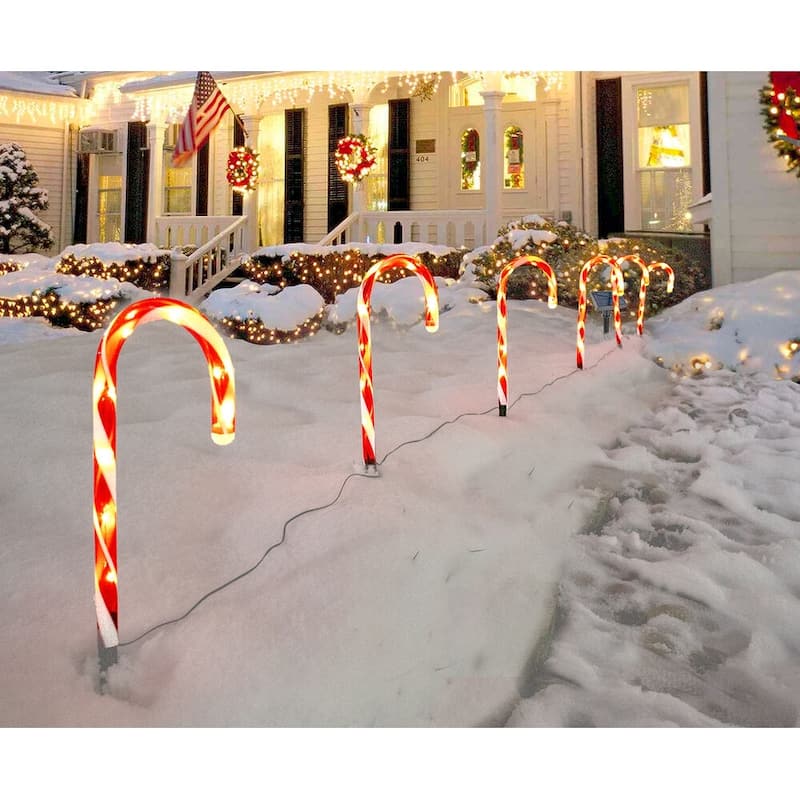 Solar Christmas Candy Cane Lights 8pc Set - Outdoor Stake Christmas Decorations - Waterproof For Patio, Garden, Pathway Markers - Christmas Pathway Lights - Plastic - White/Red