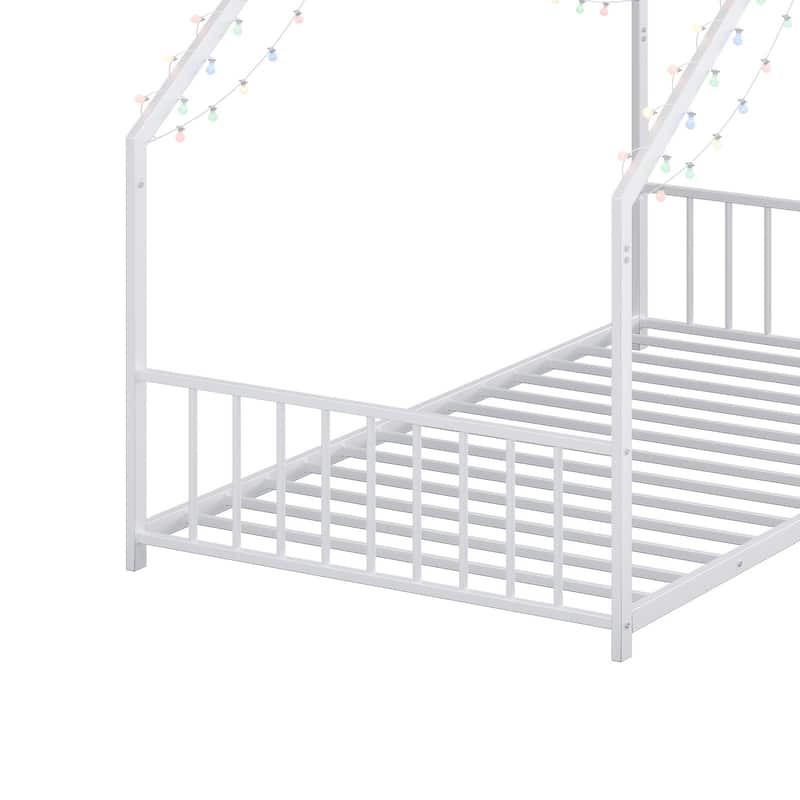 House-shaped Bed Frame, Toddler Kid Iron Floor Bed with House Roof Frame and LED Light Strips, House Daybed