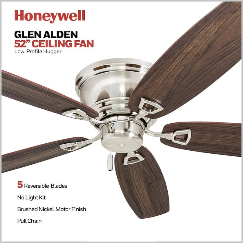 52" Honeywell Glen Alden Brushed Nickel Indoor Ceiling Fan, No Light, Pull Chain