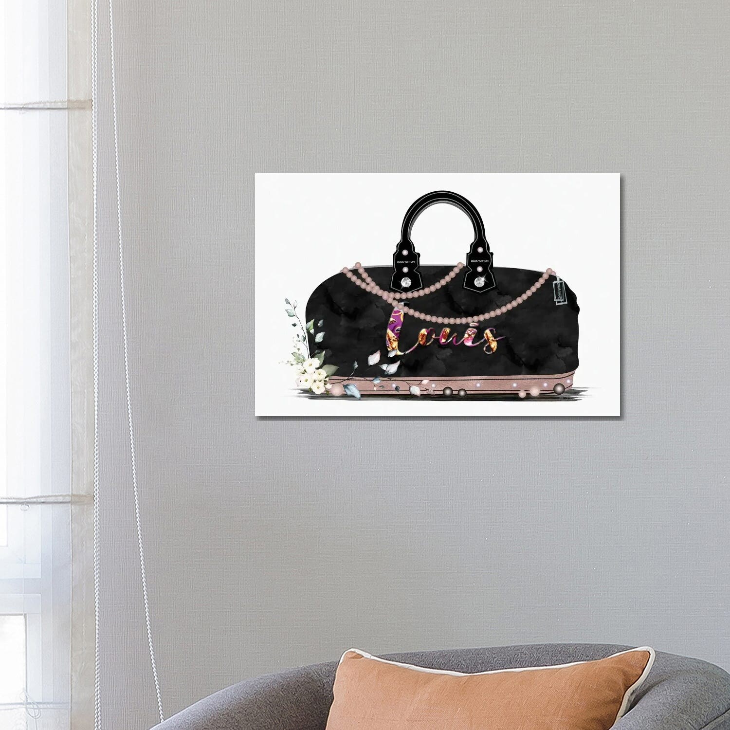iCanvas Black And Tan Fashion Duffle Bag With Florals & Pearls