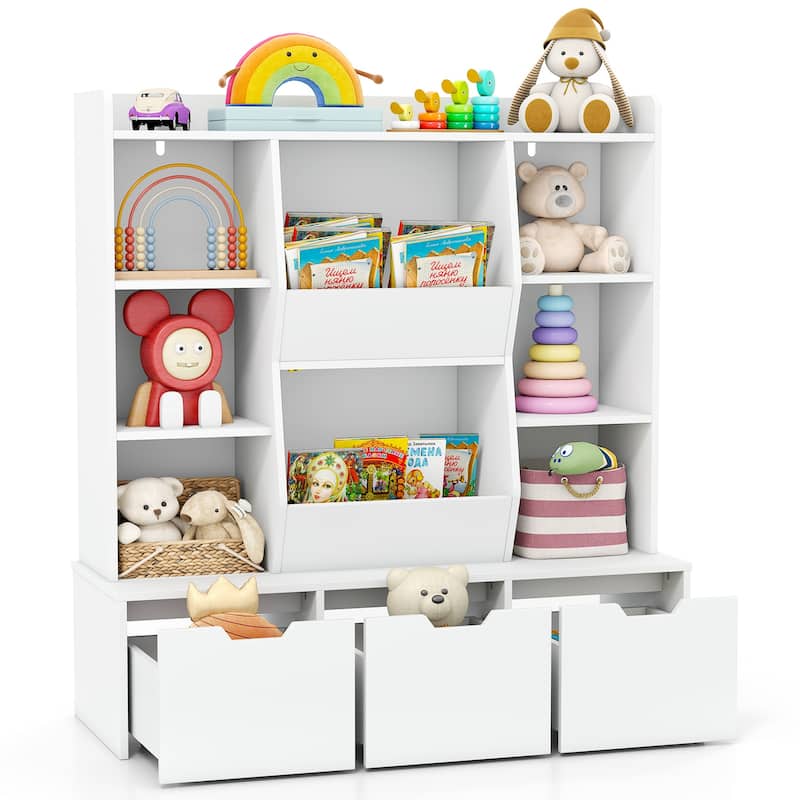 White Kids Storage Cabinet with Drawers and Cubbies Wooden Toy Organizer and Bookshelf for Playroom or Bedroom - 44" x 16" x 47"