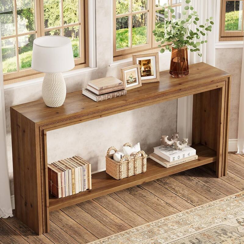 63" Solid Wood Console Table, Farmhouse Narrow Long Entryway Table with Shelf - 63" W × 11.6" D × 31.5" H