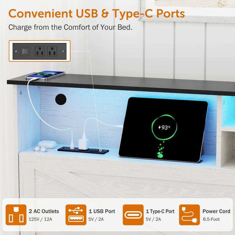 White Farmhouse Full Size Bed Frame with Storage Headboard, Charging Station & RGB LED Lights