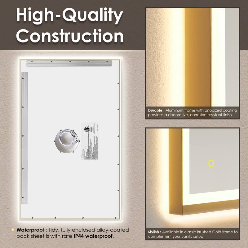 Apollo Rectangular Anti-Fog Dimmable Modern Bathroom/Vanity LED Lighted Wall Mirror in Brushed Gold Aluminum Framed