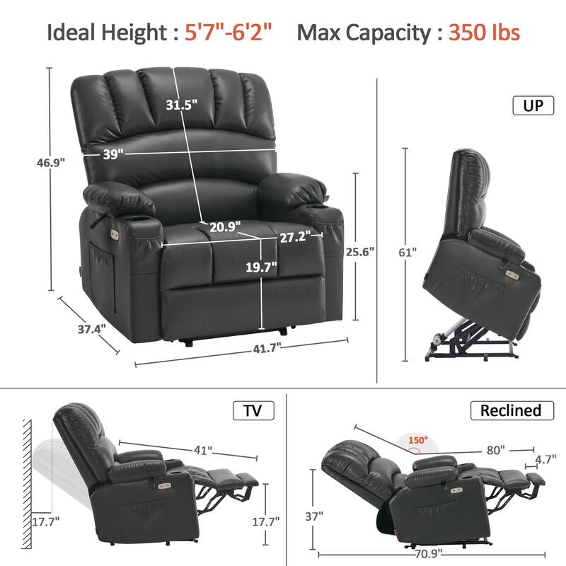 MCombo Large Power Lift Recliner Chair with Massage and Heat, Cup Holders, Side Pockets, Faux Leather R7092 (Large-Wide)