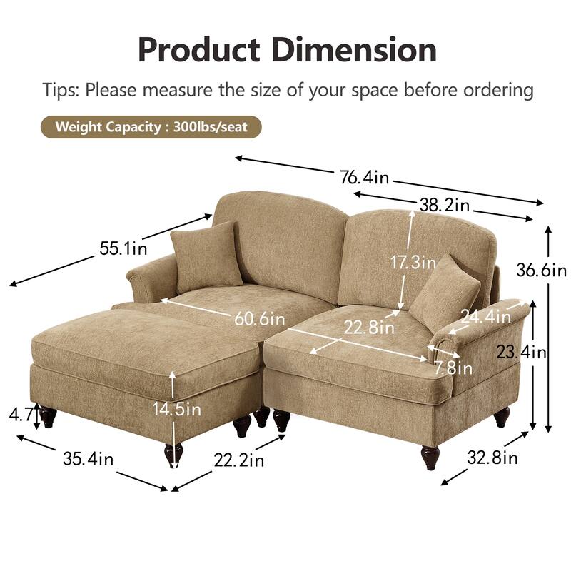 Chaise Lounge Sofa Loveseat Couch with Movable Ottoman, Elegant Loveseat Sofa Couch with Flared Armrests