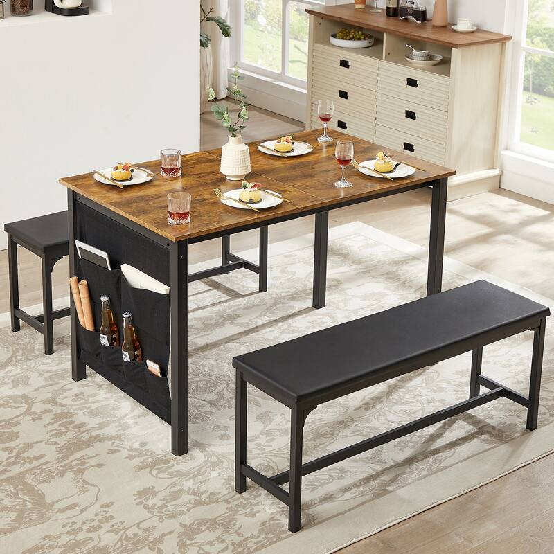 VECELO 3-Piece Dining Table Set with 2 Benches, 63" Extendable Kitchen Table & Chairs Set for 4-8, Dining Room Table