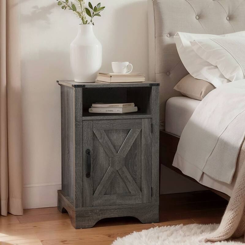 Farmhouse Nightstand with Charging Station and Barn Door - Charcoal Grey
