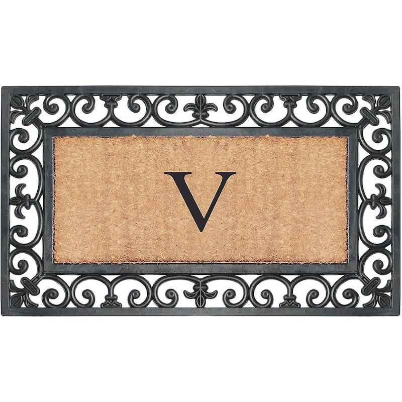 A1HC Rubber and Coir Paisley Border Monogrammed Outdoor Doormat Black, 18"X30" - V