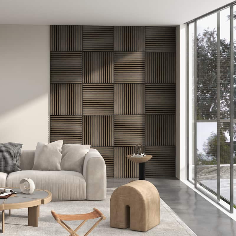 HOMCOM 4 Pack 3D Faux Wood Wall Panels, 24" x 24" Sound Absorbing Acoustic Panels, Wood Slat Wall Panels for Interior Wall Decor - Walnut